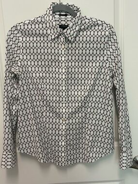 Talbots Womens Chain Link Long sleeved cotton blouse Brown & White EUC Size 6